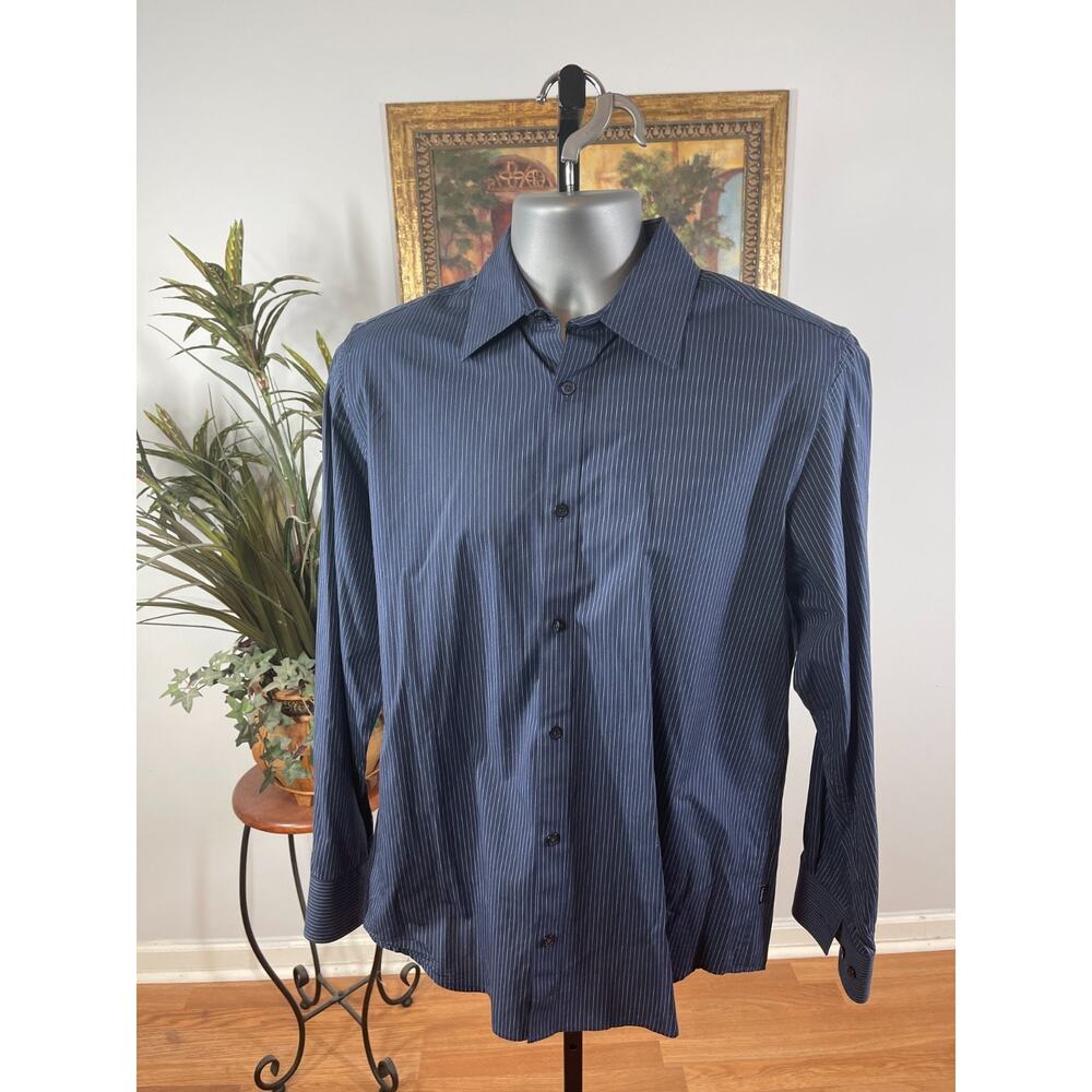 Calvin Klein Shirt Mens Small Navy Striped Long Sleeve Collared Corporate Chic